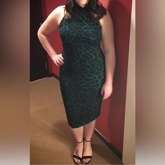 Rachel Roy Midi Dress size L! Fits like a 10/12. Emerald green cheetah print - Picture 2 of 4